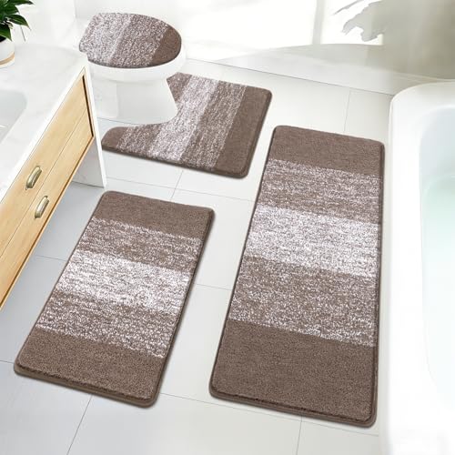 Bsmathom Bathroom Rugs Sets 4 Piece with Toilet Lid Cover, Non-Slip Bathroom Rugs and Mats Sets, Absorbent Bath Rugs Microfiber Shaggy Machine Washable Bath Rug Set, Coffee - color: Coffee, size: 18"x26"+18"x48"+U20"x24"+Cover19"x21"