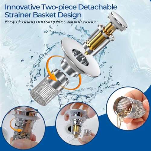 Bathroom Sink Drain Strainer,(2PCS) Pop-up Sink Drain Strainer with Removable Stainless Steel Strainer Basket Hair Catcher, Bathroom Sink Strainer for Bathroom Sink Stopper Replacement - color: Sliver-2
