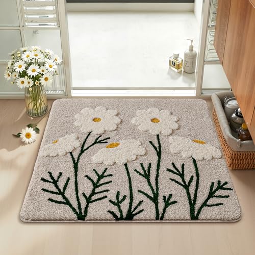 LUMI Bathroom Rugs Cute Daisy, Soft Absorbent Square Bath Mat Non-Slip, Machine Washable Quick Dry White Grey Luxury Rug Flower for Kids Room, Bathtub, Home Decor, 26"x26" - color: Chamomile, size: 26"x26"(Square)