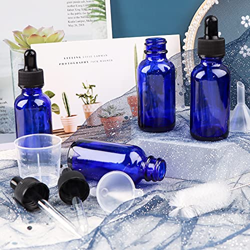 24 Pack 1oz Cobalt Blue Glass Bottles with Glass Eye Droppers for Essential Oils, Perfumes & Lab Chemicals (Brush, Funnels, 2 Extra Droppers, 36 Pieces Labels & 30ml Measuring Cup Included) - color: Cobalt Blue