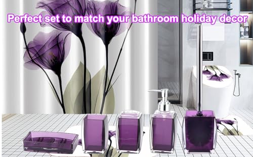 5 Pcs Purple Acrylic Bathroom Accessories Set Complete,Lotion/Soap Dispenser,Soap Dish,Toothbrush Holder, Tumbler,Toilet Brush and Holder,Modern Bathroom Decor and Housewarming Gift Set,Purple - color: Purple