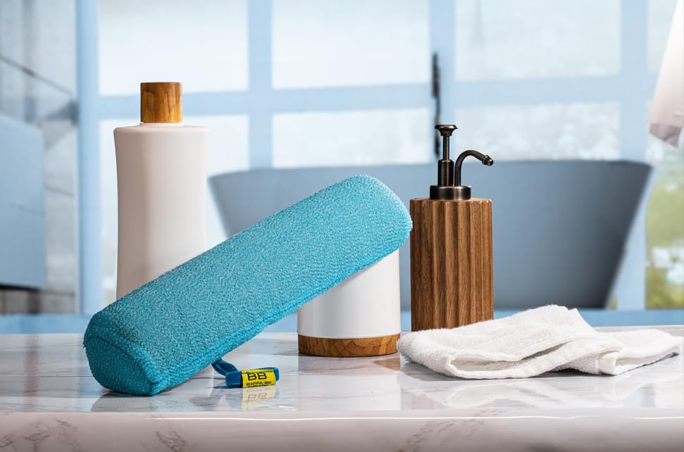Back Scrubber for Shower - Beautiful Bod Patented 13-Inch Exfoliating Loofah with Built-in Handle, Easily Reaches Entire Back, Full Body Shower Scrubber for Back Washing, Exfoliation & Skin Smoothing - color: Ocean Blue