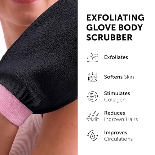 Valitic Exfoliating Glove Body Scrubber - Exfoliating Mitt Dead Skin Remover, Shower Face and Body Exfoliator - Korean Style Skin Scrubber Washcloth - Spray and Self Tan Remover, 1 Black with Pink - color: Black Pink