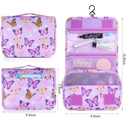 Kids Hanging Toiletry Bag for Girls, Travel Toiletry Bag for Little Young Girls Cosmetic Makeup Waterproof Wash Bag Toddler Traveling Toiletries, Butterfly Purple - color: Butterfly-Purple