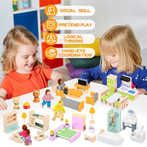 HAPGFS 36PCS Wooden Dollhouse Furniture Set with 4 Flexible Family Dolls - 5 Room Realistic Doll House Accessories for Toddlers 3 4 5 6, Pretend Play Toys Gift for Birthday and Christmas - style: Indoor