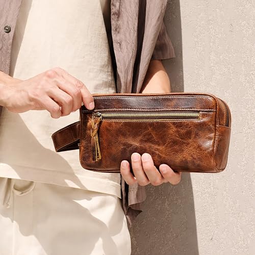 DEBKIN FOCUS Premium Top Grain Buffalo Leather Toiletry Bag for Men, Fathers Day Gift for Dad, Graduation Gifts for Men Him, Leather Shaving Bag, Gift for Birthday, Anniversary, Groomsmen, Husband