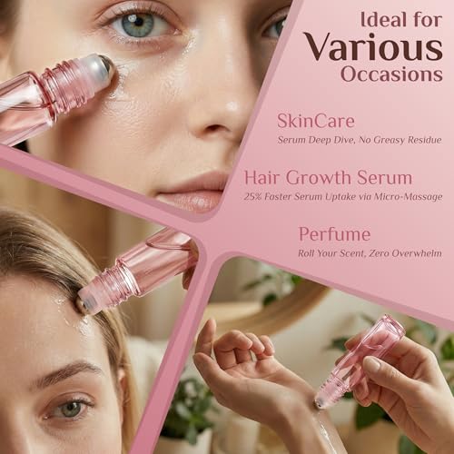 PrettyCare 24 Pack, 10 ml Essential Oil Roller Bottles with Stainless Steel Roller Ball - Refillable Leak-proof Empty Thick Pink Glass Roll on Bottles with Pink Caps for Travel, Perfume - color: Pink with Pink Cap, size: 24 Pack