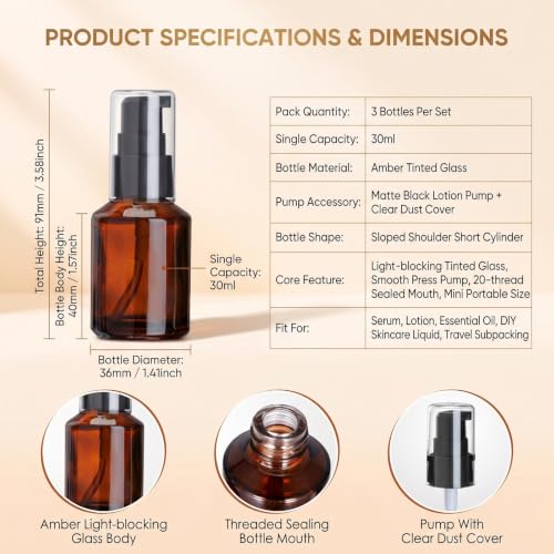 3 Pcs Amber Glass Pump Bottles, Refillable Cosmetic Dispenser Jars, Portable Travel Lotion Bottles, Sample Trial Vials for Foundation Cream Gel Toiletries (30ml/1oz) - color: Amber, size: 30ml/1oz
