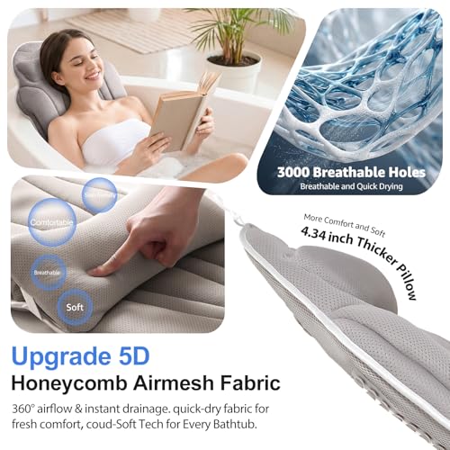 Full Body Bath Pillow for Bathtub, Thick 5D Air Mesh Luxury Spa Tub Cushion with Adjustable Lumbar Support, Extra Long Bathtub Pillow for Head and Neck Back, 192 Non-Slip Suction Cups, Gray, 56" x 19"