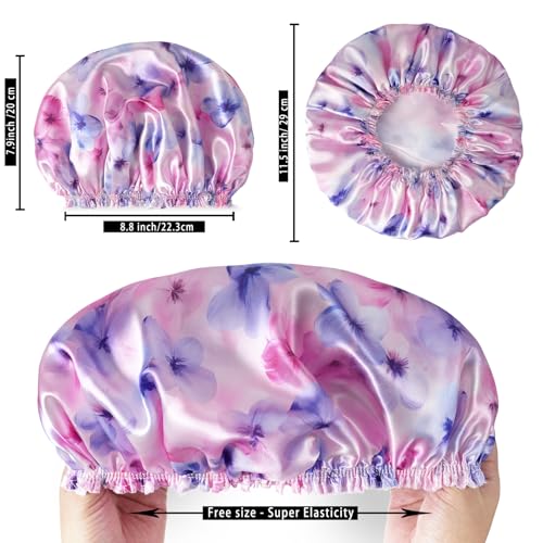 4 PCS Shower Caps for Women, 3D Printing Bath Caps, Double Layers Shower Cap Reusable Waterproof, Bathing Shower Caps, Environmental Protection Hair Bath Hat - Flower C - color: 3D Flower C 4 PCS/Set