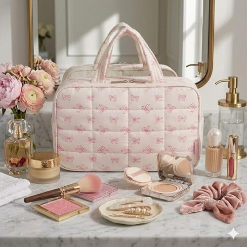 SOIDRAM Travel Toiletry Bag for Women Pink Bow Hanging Makeup Organizer for Toiletries Large Capacity Cosmetic Bag Cute Aesthetic Toiletry Kit for Travel