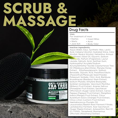 Terramed Just Think Comfort Antifungal Body Scrub with Tea Tree Oil – Exfoliating Body Wash for Women & Men – Soothes Itchy Skin, Rashes, Acne, Warts & Insects Bites – 12 Fl oz with Scrubber Brush
