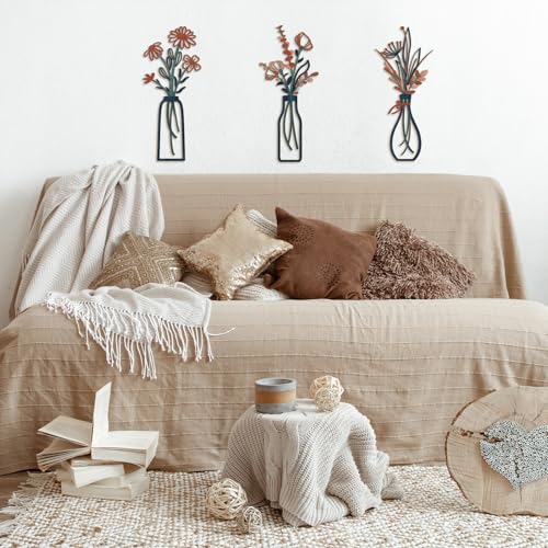 Pigort 3 Pieces Metal Flowers Wall Arts - Rustic Farmhouse Decor Minimalist Flower Wall Decors for Living room Bathroom Bedroom Dining Room-Housewarming Gifts - color: Orange Blue
