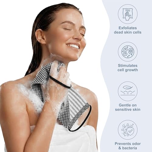 Yiclick Dual-Textured Exfoliating Washcloth Towel - Back Scrubber for Use in Shower Bath, Exfoliating Body Scrubber Exfoliator, Japanese Exfoliate Loofah Lufa Sponge Wash Cloth for Women Men - color: Grey
