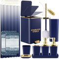 Bathroom Sets with Shower Curtain and Rugs Bathroom Accessories Set Navy Blue Bathroom Set,Soap Dispenser & Toilet Brush Holder Set with Stainless Steel Trash Can(23 PCS) - size: Navy Blue, style: Bath Set+Ombre Waffle Shower Curtain+Bath Rugs