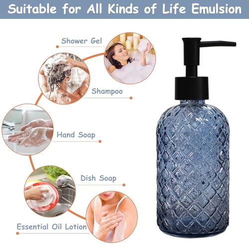 Blue Glass Dish Soap Dispenser for Kitchen, 12oz Refillable Liquid Hand Soap Dispenser Set, Crystal Lotion Bottle for Modern Home Decor, Bathroom Countertop, Hotel - color: Dark Blue
