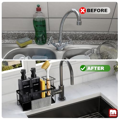 GMISUN Dish Soap Dispenser for Kitchen, 12 fl oz / 350 ml Dual Kitchen Soap Dispensers with Sponge Holder, Transparent Black Glass Kitchen Soap Dispenser Set, Modern Hand and Dish Soap Bottle Set - color: Clear Black Bottle + Black Rack
