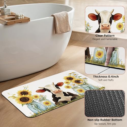 Cute Cow Bath Mat, SunflowersDaisie Diatomaceous Earth Bath Mat,Rubber Backing Quick Dry Absorbent Washable Bathroom Rugs for Tub Non Slip 17"x29.5" - color: Cute Cow,sunflowersdaisie