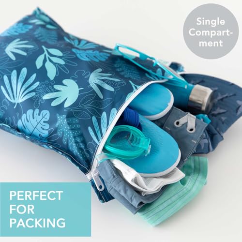 Bumkins Waterproof Wet Bag, Washable, Reusable for Travel, Beach, Pool, Stroller, Diapers, Dirty Gym Clothes, Wet Swimsuits, Toiletries, 12x14 – Blue Tropic - color: E5 Blue Tropic, style: Wet Bag