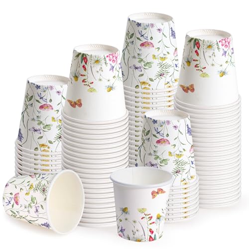 WRAPAHOLIC 3oz Paper Cups - 100 Pack Disposable Bathroom Cups with Wildflower & Butterfly Design, Small Mouthwash Cup for Toothbrush Rinse, Home Bathroom, Picnic, BBQ, Travel and Party - color: Sunflower Wildflower