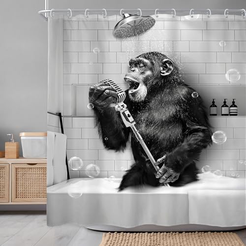 Newsely Funny Monkey Shower Curtain 72Wx72H Inch Black White Animal Chimpanzee Singing in Bathtub Men Kids Boy Shower Curtain Bathroom Set Modern Cool Waterproof Bath Decoration Accessories Home Decor - color: G-monkey, size: 72"W x 72"L (Pack of 1)
