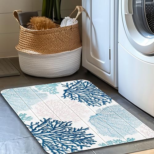 Blue Coastal Ocean Bath Mat | Beach Nautical Bathroom Rugs, Non Slip, 16x24 - color: Blue Coral