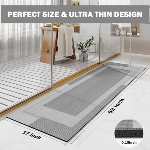 YDKGL Non Slip Long Bathroom Runner Rug Bath Mat, Rubber Backing Ultra Thin Bathroom Rugs Fit Under Door Quick Dry Super Absorbent Washable Shower Mat for Bathtub Sink Floor, Grey 17"x59" - color: A- Light Gray, size: 17” x 59“