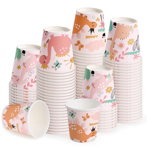 WRAPAHOLIC 3oz Dinosaur Birthday Paper Cups - 100 Pack Disposable Bathroom Cups with Baby Dinosaur 4 Design, Small Mouthwash Cup for Toothbrush Rinse, Home Bathroom and Baby Girl Shower - color: Pink Dinosaur 4 Design