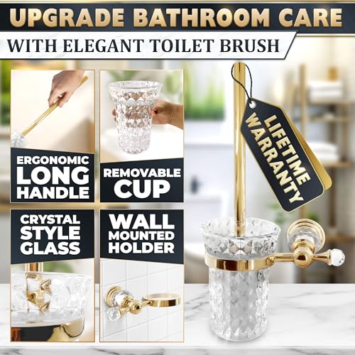 Gold Stainless Steel Toilet Brush with Crystal Toilet Brush Holder Set – Wall Mounted Holder, Replaceable Head, Decorative Space-Saving Design Bathroom Toilet Accessory Elegant Toilet Bowl Cleaner Set - color: Gold Glass