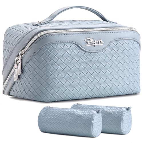 BOYATU Travel Makeup Bag Cosmetic Bags for Women: Large Capacity 3 Pcs Set Make up Bag with Compartments - Waterproof Vegan Leather Toiletry Organizer Bags with Handle (L04 Light Blue) - color: L04 Light Blue