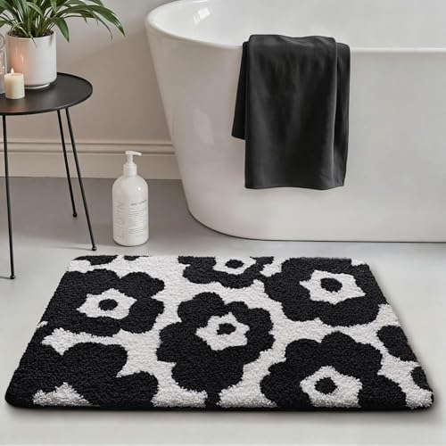 LUMI Bathroom Rugs Cute Floral Design, Soft Absorbent Microfiber Bath Mat Non-Slip, Machine Washable Quick Dry Luxury Rug Flower Black and White for Floor, Bathtub, Home Decor, 24"x36" - color: D-black Flower, size: 24"x36"