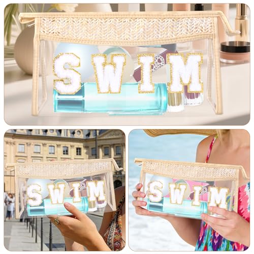 Boho Patch Cosmetic Bag with Zipper, Chenille Varsity Letter Makeup Bag, Clear Travel Pouch, Multi-purpose Small Toiletry Bag for Women Girls (Swim) - style: Swim