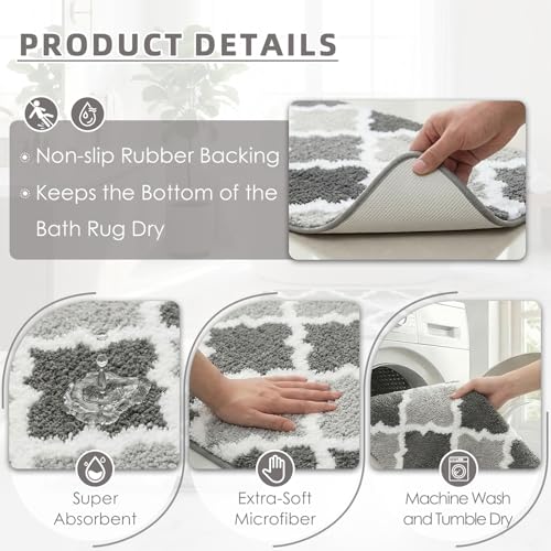 Arttown Gradient Grey Trellis Bathroom Rug Set 2 Piece Fluffy Microfiber Non-Slip Water Absorbent Soft Washable Floor Mat for Tub Showers Laundry Room Decor 16"x24"+20"x32" - color: Gradient Gray 2