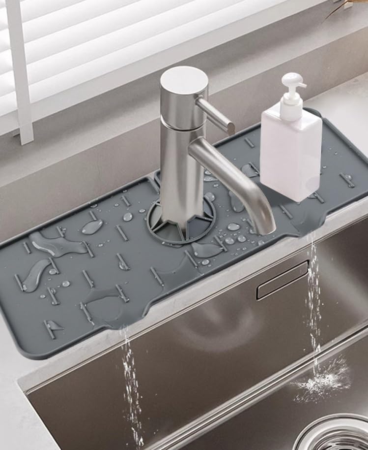2Pcs Silicone Kitchen Sink Splash Guard Faucet Handle Drip Catcher Tray Mat For Kitchen Counter Bathroom Kitchen (Grey) - color: Grey