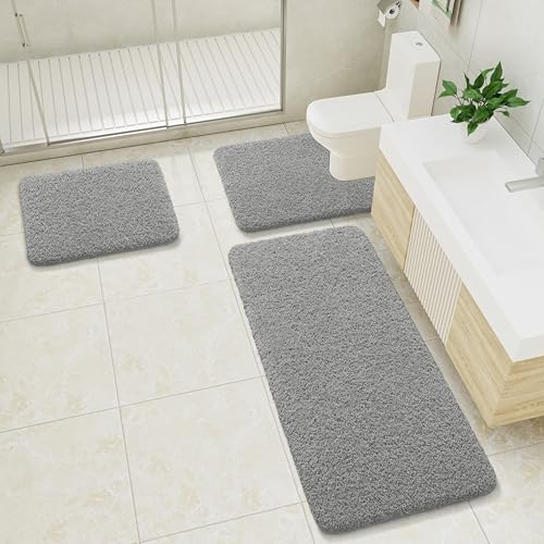 LOCHAS Bathroom Rugs Sets 3 Piece, Microfiber Long Bath Rug Set Non Slip Washable, Shaggy Toilet Rug Set Absorbent, Soft Cozy Bath Mat Set Quick Dry, Grey - color: Grey, size: 48" x 20" + 24" x 17" + U Shape 24" x 20"