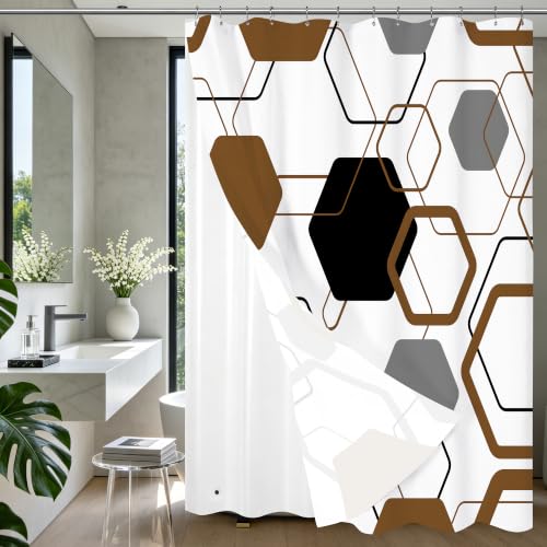 LQCOOL Brown Black Hexagon Shower Curtain and Liner, 3 in 1 Shower Curtain Set with 12 Double Sided Shower Curtain Hooks, Waterproof Fabric Shower Curtains for Bathroom,72" W*72" H - color: Black