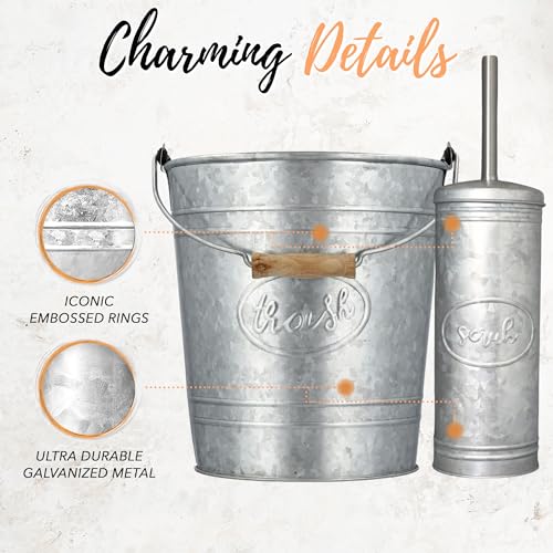 Autumn Alley Rustic Farmhouse Trash Can and Toilet Brush Holder Set - Galvanized Bathroom Trash Can with Matching Toilet Brush, Rustic Farmhouse Bathroom Decor, Grey, 2 Gal. - color: Galvanized, Grey