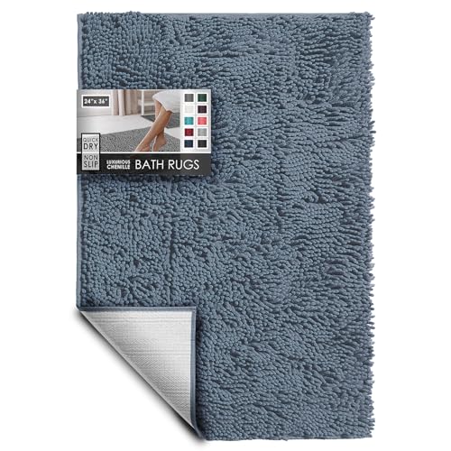 Hearth & Harbor Bathroom Rugs, Chenille Bath Mat - Machine Washable Bath Mats for Bathroom Non-Slip Backing Rubber, Quick Dry Bathroom Mat, 24 x 36 - Stone Blue - color: Stone Blue, style: 24 x 36