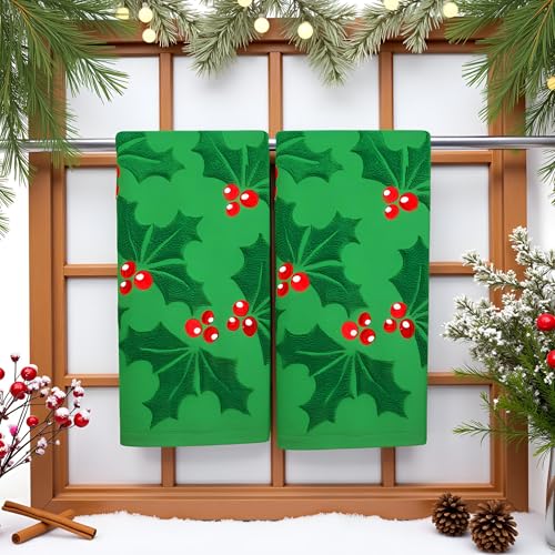 2 Pack Christmas Holly Berry Hand Towels 100% Cotton Jacquard Holiday Kitchen Dish Towels Retro Neutral Green Bathroom Towels Set Gift Seasonal Xmas Winter Bathroom Decor (Holly Berry Green) - color: Holly Berry Green