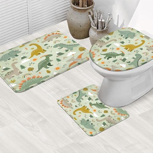 4PCS Kids Dinosaur 71Wx71H Inches Green Plant Leaves Botanical for Boys Shower Curtain Sets with Rugs, Toilet Lid Cover and Bath Mat, Cute Bath Accessories Art Home Decor Fabric 12 Pack Hooks - color: C2-green