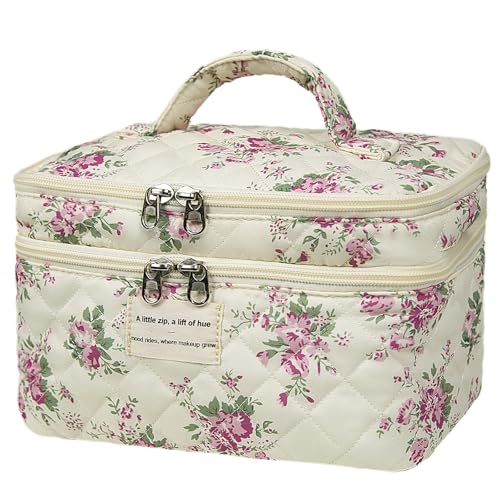 Gosect Large Quilted Makeup Bag, Large Floral Cosmetic Bag for Women, Cute Cotton Makeup Bags, Flower Travel Toiletry Organizer Bag (Pink Flowers) - color: 076Pink Flowers