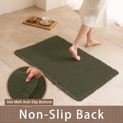 Waffle Bath Mat Non Slip, Boho Bathroom Rug, Super Absorbent Quick Dry Bathroom Mat, Soft Farmhouse Bath Rug with Tassels, Small Washable Shower Mats for Floor 20"x32", Olive Green - color: Olive Green, size: 1'8" x 2'8" (Rectangular)