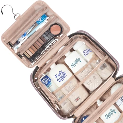 NISHEL Travel Toiletry Bag for women, Portable Hanging Organizer for Full-Sized Shampoo, Conditioner, Brushes Set, Makeup Accessories, Large Size, Peach Pink - color: Peach Pink, size: Large