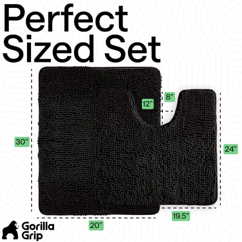 GORILLA GRIP Bathroom Rug Sets, Soft Chenille 2 Piece Area Rugs Set, Toilet Base Mat and 30x20 Carpet, Absorbent Microfiber Washable Mats Dry Quickly, Home Décor and Bath Room Accessories, Black - color: Black, style: 30"x20" + Oval 24"x19.5" - 2 Pack