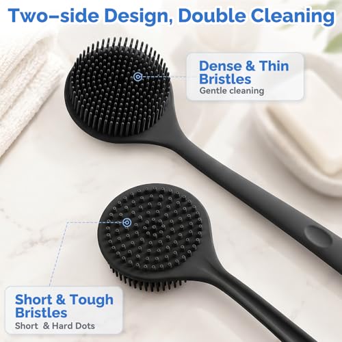 Manmihealth Silicone Back Scrubber & Soft Shower Face Brush Set 4 PCS(Thin Bristles), Super-Cleansing Body Scrubber & Strong Lathering Power Bath Glove Combination (Black) - color: Black, size: Thin Bristles Set