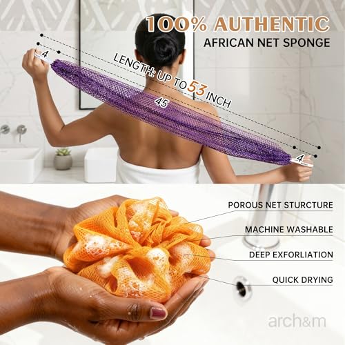 ARCH&M Authentic African Net Sponge Afro Scrub | 53" Long Exfoliating Back Scrubber, Quick-Dry Shower Loofah, For Women and Men Daily Use, Gentle on Sensitive Skin - color: Off-white