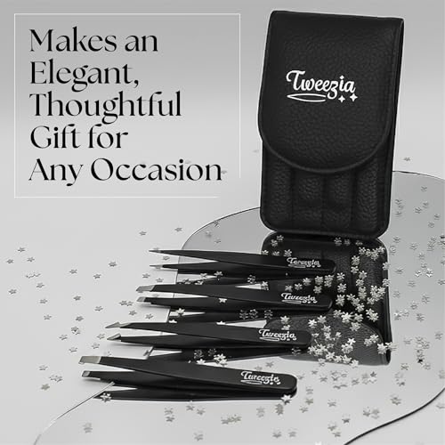TWEEZIA Stainless Steel Precision Tweezers Set with Mirror Case, 4 Piece | Eyebrow tweezers, slant and pointed tips, use for facial hair, splinters, ingrown hairs, crafting, wigs, beauty kits