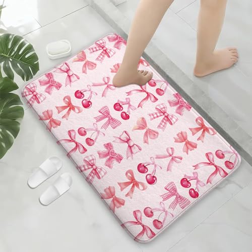 Red Cherry Pink Bow Cute Fruit Watercolor Bath Rug, Non-Slip Microfiber Soft Plush Modern Bathroom Mat Carpets Floor Mat for Bedroom Kitchen Bathroom Toilet 17x29 Inch - color: Pink
