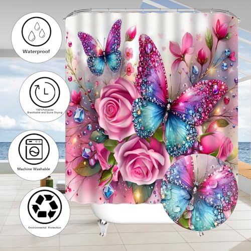 DDQQ 4Pcs Pink Glitter Floral Shower Curtain Set Rose Bathroom Sets Butterfly Diamond Shower Curtain with 12 Hooks Bathroom Decor with Rugs Bath Accessories with Mats Toilet Lid Cover - color: Red