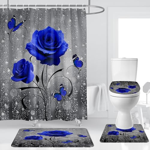 Royal Blue Rose Shower Curtain Set 4Pcs Floral Flower Butterfly Gray Grey Navy Antique Elegant Bathroom Curtains Toilet Lid Cover U Shaped Mat Non-Slip Rug Fabric Polyester 60x72 Inch - color: Royal Blue